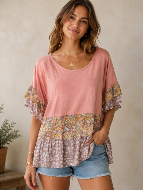 Umgee Tops - Umgee Boho Mixed Pattern Ruffle Top ☀️